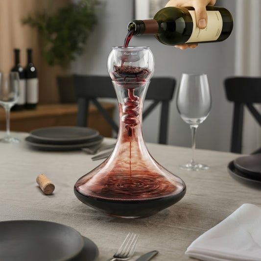 Vin rouge versé dans un décanteur transparent posé sur une table